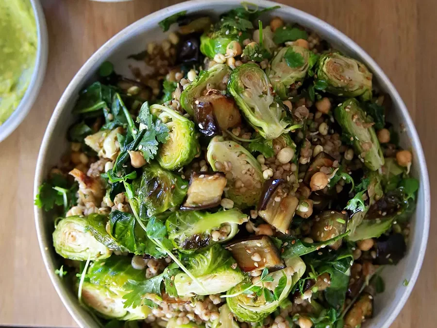 Warm Brussels, Eggplant and Sprout Salad