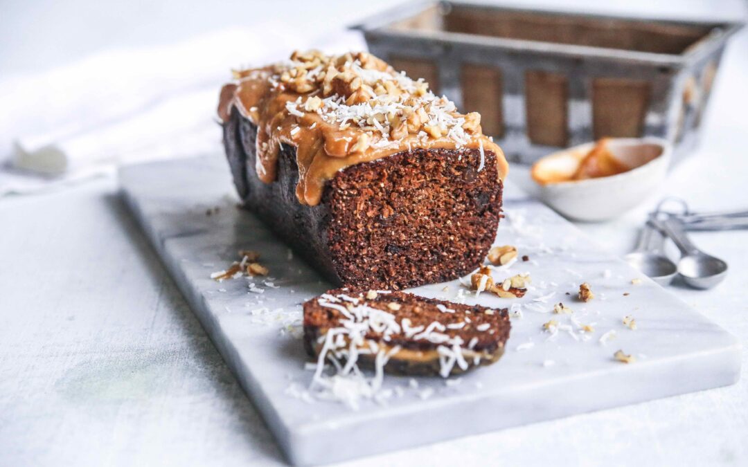 Sweet spice carrot loaf with maple peanut frosting