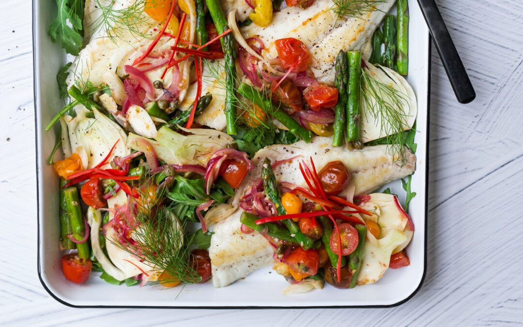 Pan fried snapper with warm tomato fennel asparagus salad