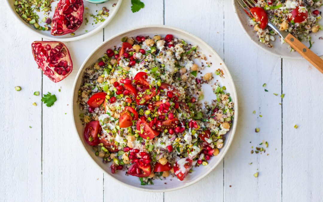 Middle eastern style pomegranate pistachio grain salad