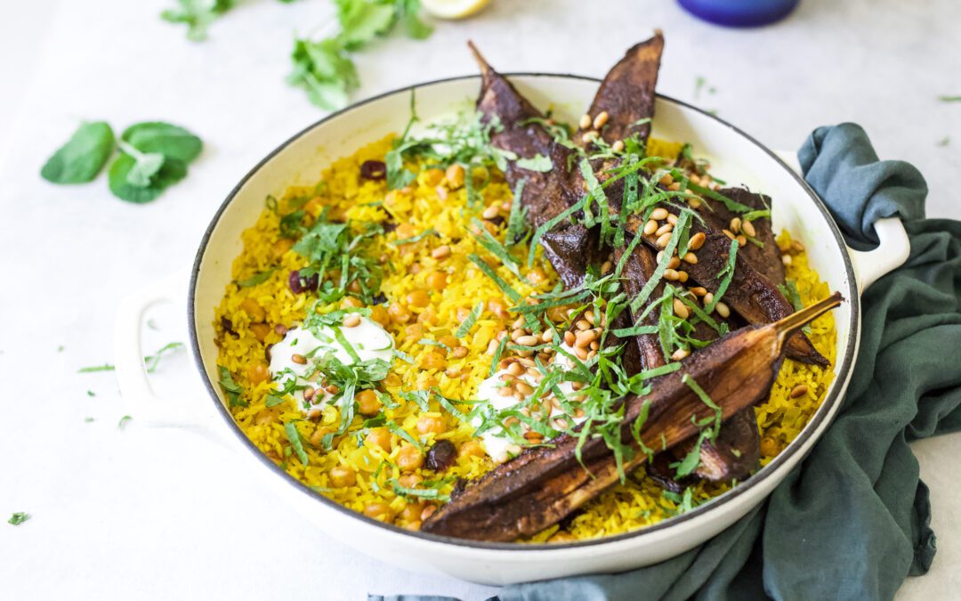 Harissa baked eggplant with spiced Low GI White Rice Pilaf