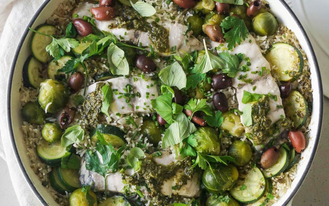 One pan barramundi with pesto basmati olives and greens